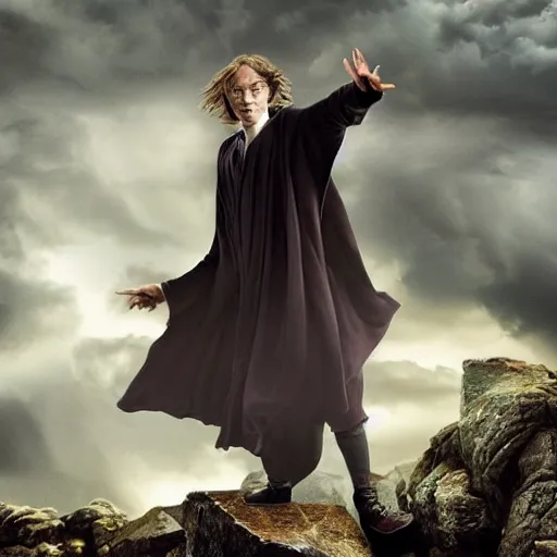 Image similar to Harry potter upright and levitating, back view, thunderclouds, cinematic shot, epic scale, waving robe, wand, photorealistic detail and quality, extremely intricate stone quality, movie still, nighttime, crescent moon, sharp and clear, action shot, intense scene, visually coherent, symmetry, rule of thirds, movement, vivid colors, cool colors transitioning to warm colors, award winning, directed by Steven Spielberg, Christopher Nolan, Tooth Wu, Asher Duran, Greg Rutkowski