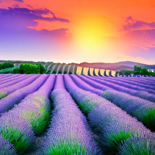 Prompt: lavender field in provence at sunset with a cat sitting in foreground