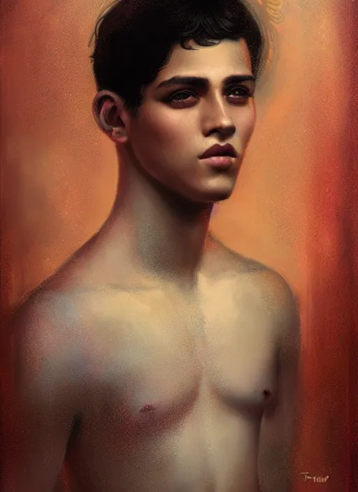 Image similar to a magical portrait of a young colombian male gang member with beautiful brown eyes and short black hair, art by manuel sanjulian and tom bagshaw