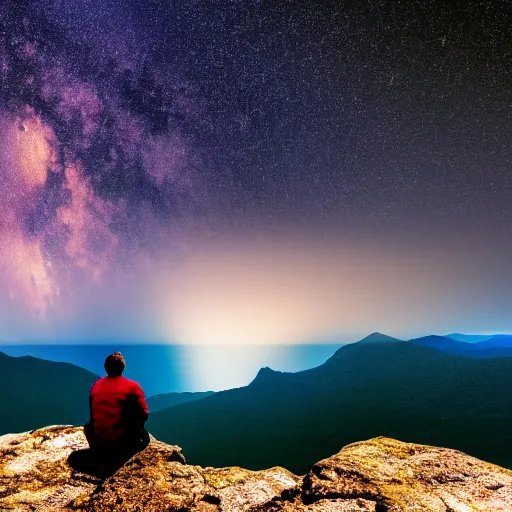 Image similar to 4K ultra HD detailed award-winning wallpaper of silhouette of man sitting on top of mountain cliff looking at huge vast sky storm Milky way