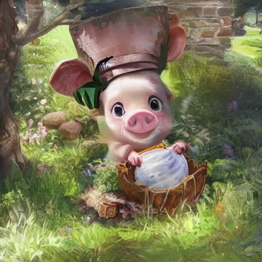 Image similar to cute and adorable miniature piggy 🐖 wearing a cute hat on garden during a summer day, chibi, anime, highly detailed, digital painting, artstation, concept art, smooth, sharp focus, illustration, art by yee chong and sydney hanson and rossdraws and greg rutkowski