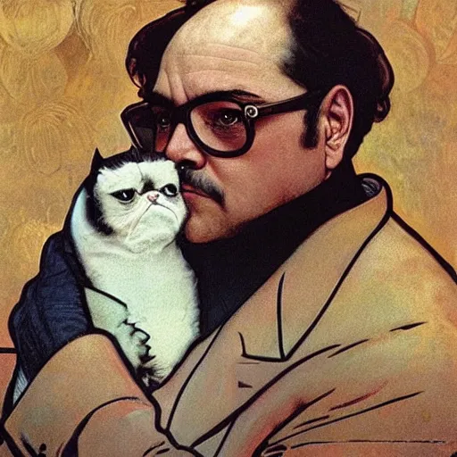 Image similar to “ portrait of george costanza from seinfeld holding grumpy cat, by alphonse mucha ”