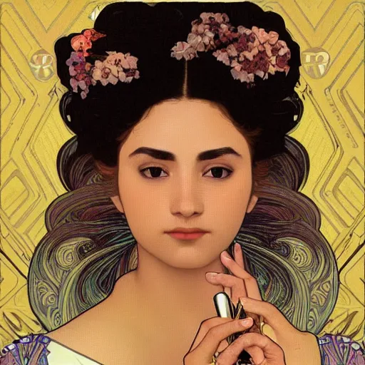 Prompt: vector illustration of a over tanned instagram influenza girl, siliconized, too much plastic surgery, doing a make up tutorial, artstation, smooth, sharp focus, art by gustav klimt - alphonse mucha - adolphe bouguereau