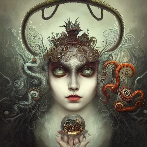 Image similar to curiosities carnival in wonderland, soft paint of a single elegant sorceress, symmetry accurate features, horror, tentacles, darkness, fog, focus, very intricate ultrafine details, award winning masterpiece, tom bagshaw artstyle