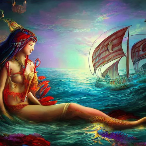 Prompt: musical sea goddess lulling pirates to sleep, beautiful composition, wide angle, colorful, cinematic, volumetric lighting, intricate details painting