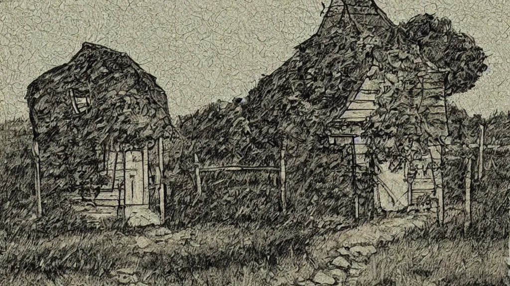 Prompt: a small house in country side etching art style