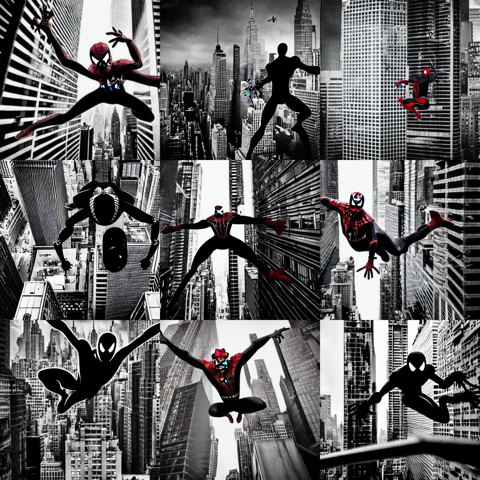 Prompt: black and white angry ugly scary spider - man in a torn suit flies between huge skyscrapers, black and white, comic, cinematic, no color, detalized cyber new york background