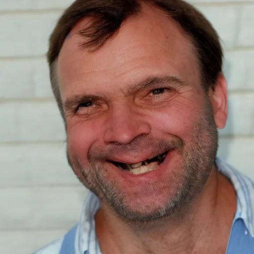 Image similar to color photograph of a balding, middle aged, brown haired, hairy, blue eyed, round faced, short white man dressed in a white shirt, smiling at the camera with perfect, straight white teeth