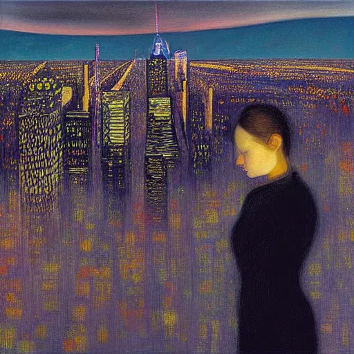 Image similar to “ a girl looking down at a futuristic new york city below, ghostpunk, fog, storm clouds, rain, detailed face, oil painting, by jan toorop ”