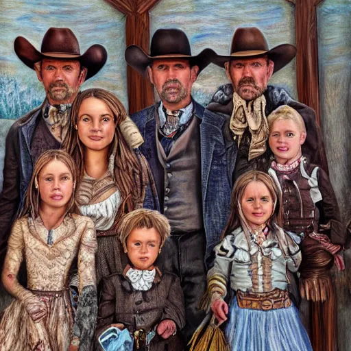 Prompt: Intricate five star Beautiful Wild West Family portrait by Ann Kullberg, Colored pencil on paper, high detail, skin texture, photo realistic, hyperrealism,matte finish, high contrast, 3d depth, masterpiece, vivid colors, artstationhd