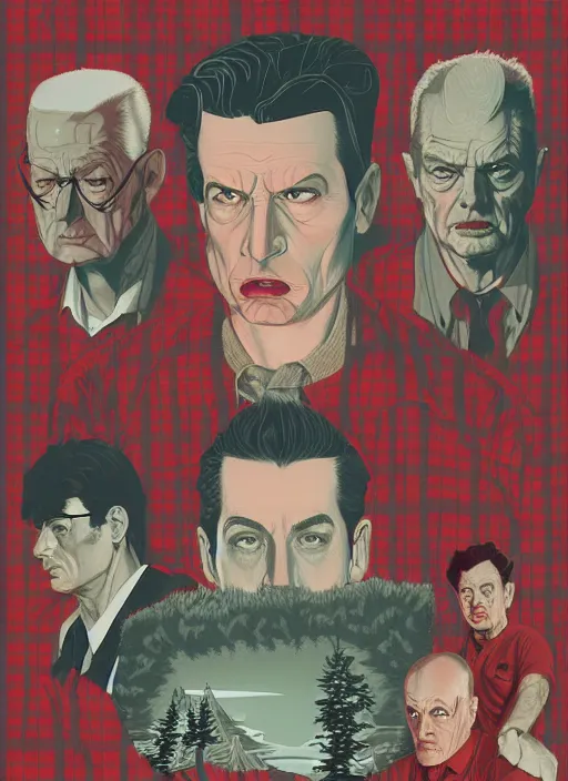 Prompt: Twin Peaks poster artwork by Michael Whelan, by Bob Larkin and Tomer Hanuka, Karol Bak of portrait of Joe Rogan in red flannel, from scene from Twin Peaks, clean, simple illustration, nostalgic, domestic