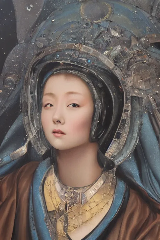 Image similar to hyperrealism oil painting, close-up portrait of medieval fashion model, knight, steel gradient mixed with nebula sky, in style of baroque mixed with 70s japan book art