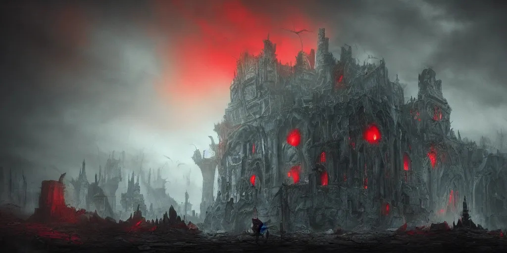 Prompt: grimdark chaos fortress, ruined, terrifying architecture, looming, dark, fog, atmospheric red lighting, flying chaos creatures, dark souls, hyperrealistic, artstation