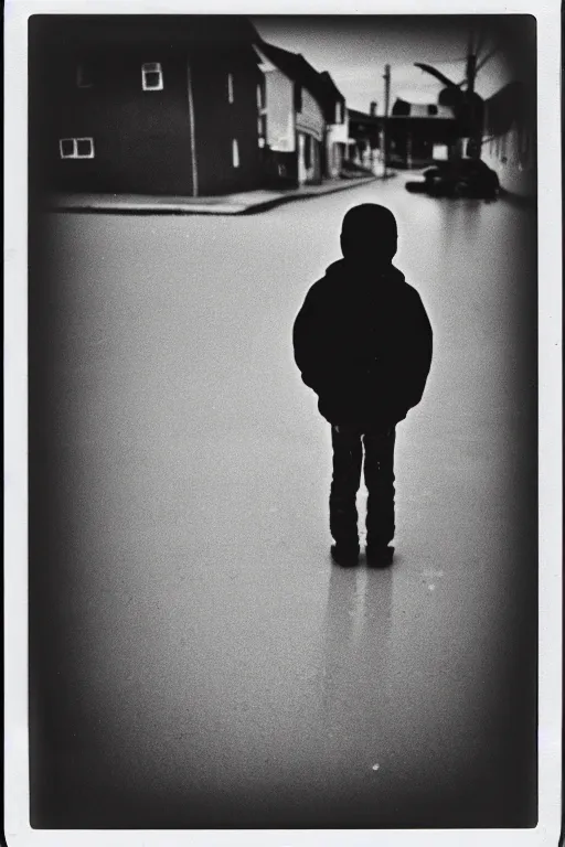 Prompt: photo polaroid of a sad and lonely child on a street in Greenland , melting ice, loneliness, black and white ,photorealistic, 35mm film,