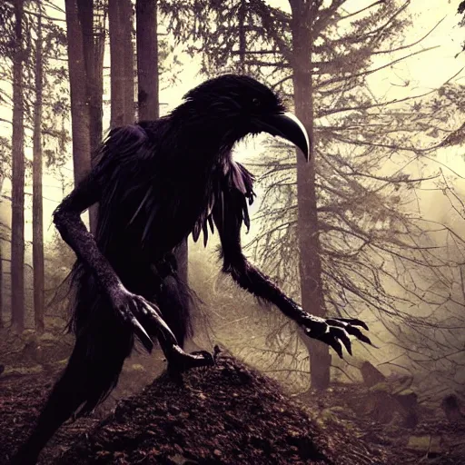 Image similar to werecreature consisting of a crow and a human, werecrow, photograph captured in a dark forest