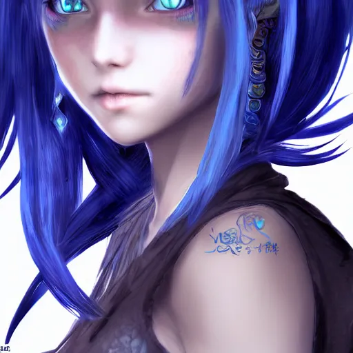 Prompt: portrait of young girl hybrid dragon, blue hair, long hair, highly detailed 3D render, 8k, rpg concept art character, jrpg character, manga, anime, video game character, concept art, by Yoshitaka Amano