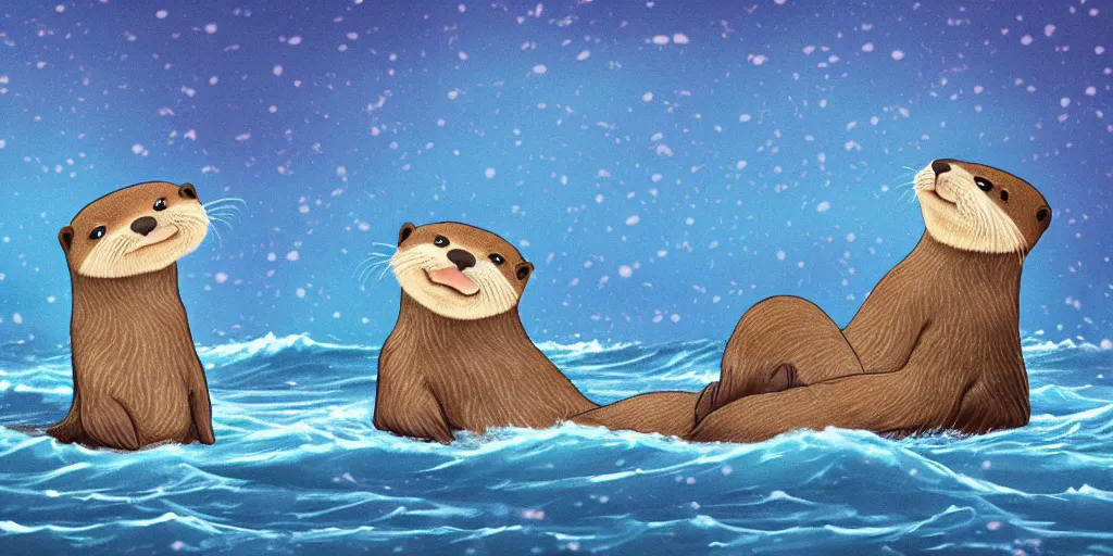 Prompt: Two adorable otters falling in love holding hands side by side, all alone in the middle of a huge storm at sea, fantasy illustration, cinematic, dreamlike, Award winning, romance, detailed trending on art station masterpiece