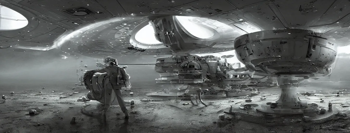 Prompt: Scientist repairs flying saucer full of futuristic military equipment in the hall of area 55, high detail, ground fog, dramatic atmosphere, wet reflective ground, saturated colors, by Jason Chan, render Unreal Engine-H 704