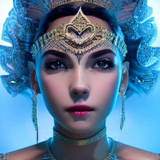 Image similar to portrait of wonderful princess of diamonds with fair skin, ornate, 8 k, gorgeous, intricate, detailed, glowing white accent lighting, dramatic lighting, octane render