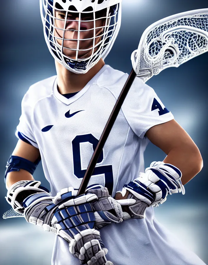 Image similar to closeup portrait of very beautiful cute male lacrosse player in a penn state stadium, glamour pose, particle effects, backlit, highly detailed, soft ambient lighting, sharp focus, rule of thirds, artgerm, wlop, arney freytag, rossdraws, frank frazetta, andrei riabovitchev, hd, octane, 4 k