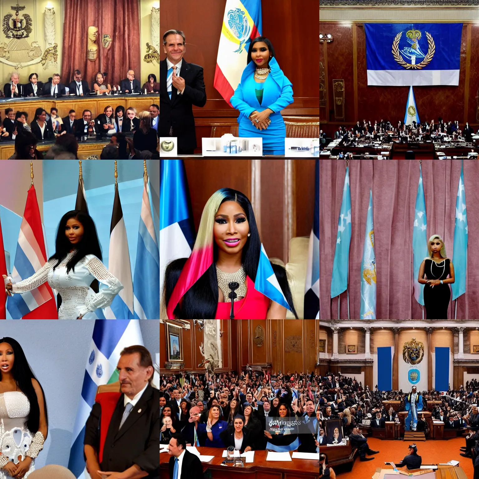 Image similar to Nicki Minaj president of Argentina, in the Argentine Congress, flags of Argentina behind, detailed picture