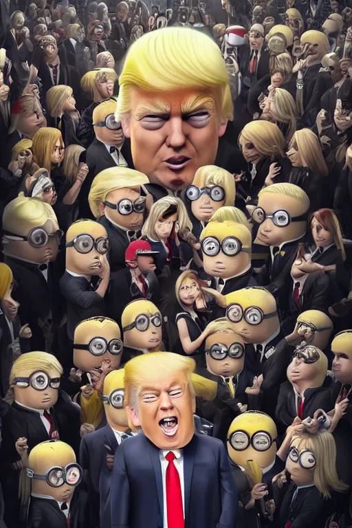 Image similar to trump with blond hair as a minion standing in front of a riot, anime style, intricate, portrait, 8 k highly professionally detailed, hdr, cgsociety