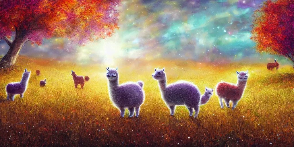 Image similar to magical fairy alpacas frolicking in a field, autumn, sparkles, light beams, digital art, oil painting, fantasy, 8 k, trending on artstation