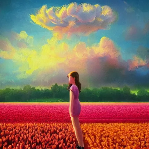 Prompt: large tulip head, girl standing in a flower field, surreal photography, sunrise dramatic light, impressionist painting, colorful clouds, digital painting, artstation, simon stalenhag