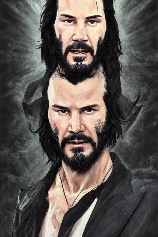 Prompt: Portrait of Keanu Reeves in the style of JoJo's Bizarre Adventure by Hirohiko Araki, rugged beard, long dark hair, beautiful bone structure, intricate, elegant, realistic face, highly detailed, digital painting, artstation, concept art, smooth, sharp focus, manga illustration, art by artgerm and greg rutkowski and alphonse mucha