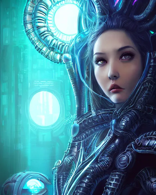 Image similar to A perfectly-centered ultradetailed realistic RPG cosplay airbrushed digital art portrait-illustration of a beautiful symmetrical lovecraftian Medusa wearing a cyberpunk suit and reflective neon-noir armor with modesty, standing next to bioluminiscent otherworldly sci-fi towers, epic poster art, 3D rim light, octane render, artstationHQ.