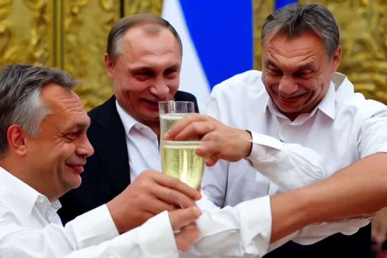 Prompt: viktor orban drinking champagne with putin