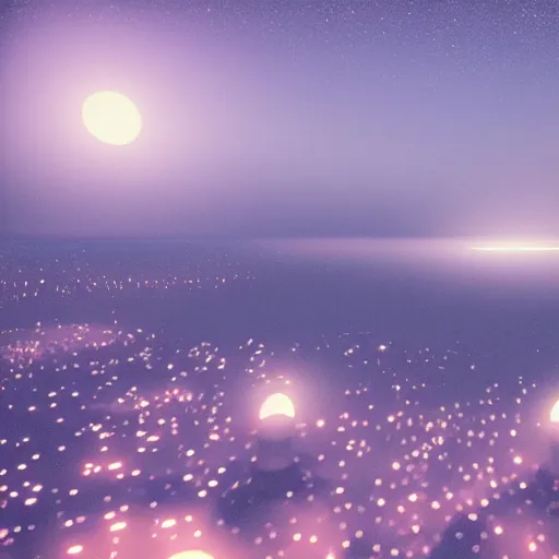 Prompt: in the quiet of the night gently drifting lights from distant city lamps are washed away in a wave of imagination, from their light rise the marvels of the universe and infinity rises in your soul, pascal blanche, 8 k, octane render