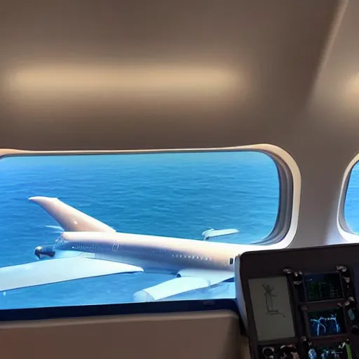 Prompt: an airplane with a tiny whale pilot, the whale is in the airplane cabin, the whale head can be seen through the window by people outside the airplane, the whale can be seeing inside the front of the plane, the command pilot is a whale, the whale is behind the window, the photo is taken outside the plane