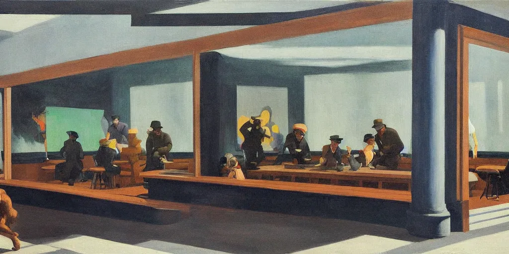 Image similar to painting, view from inside edward hopper's painting nighthawks, of a group of werebears inside a gallery, by magrirre, by neo rauch