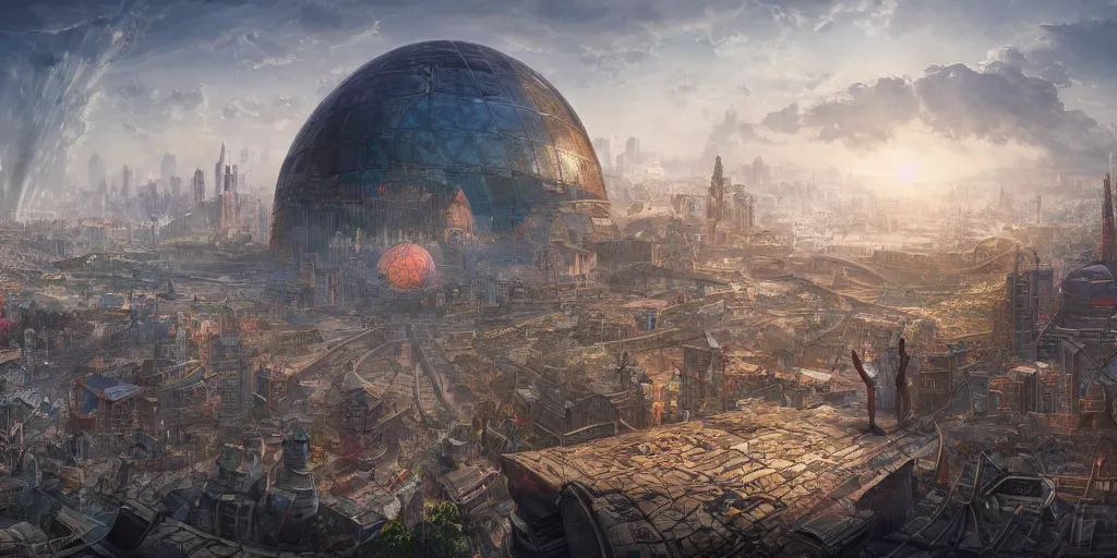 Image similar to a utopian city protected by a huge dome with a huge crack, mixed media, concept art, digital painting, trending on artstation, highly detailed, epic composition, 8 k uhd