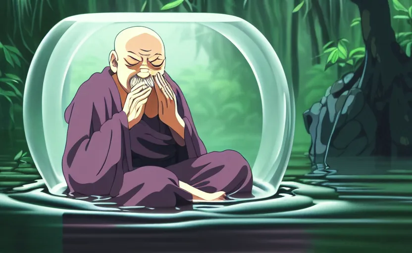 Prompt: a film still portrait of a mauve old monk meditating inside a cubic bubble in a flooded temple jungle. finely detailed features, closeup at the faces, chronenberg, perfect art, grimdark, trending on pixiv fanbox, painted by studio ghibli