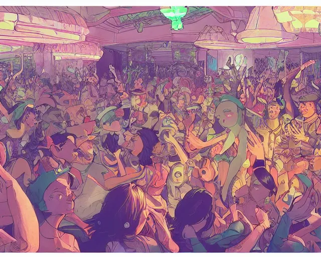 Image similar to a study of cell shaded cartoon of elves raving in a nightclub, illustration, wide shot, subtle colors, post grunge, concept art by josan gonzales and wlop, by james jean, Victo ngai, David Rubín, Mike Mignola, Laurie Greasley, highly detailed, sharp focus, alien, Trending on Artstation, HQ, deviantart, art by artgem