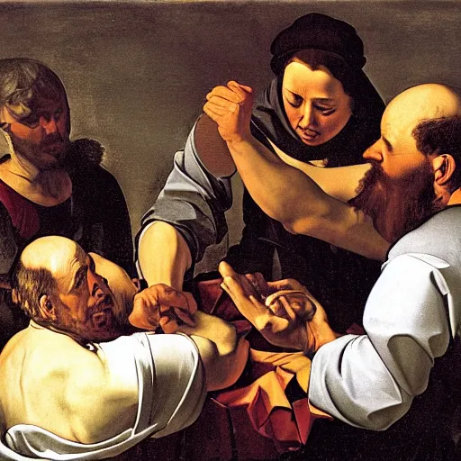 Prompt: doctors doing a operation on a cartoonish banana, caravaggio