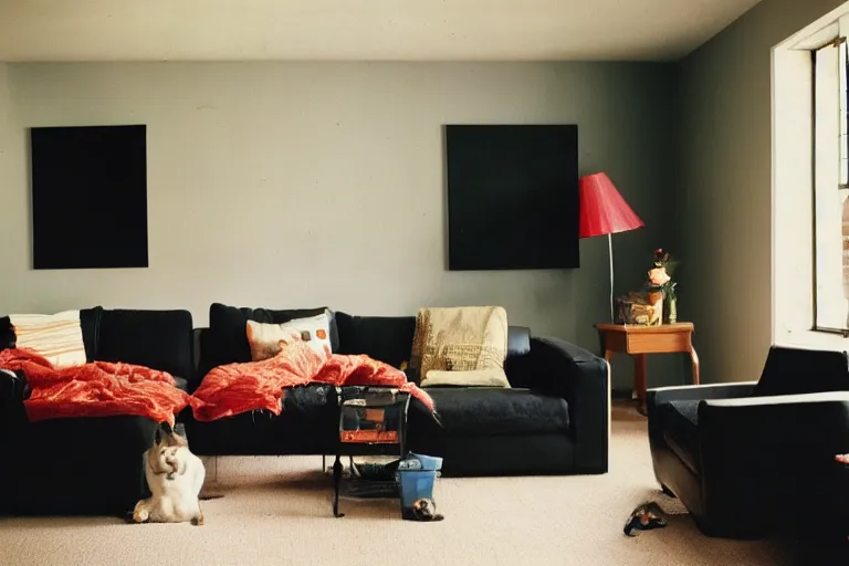 Image similar to photograph of black cubical radiating energy in suburban living room, crisp focus, highly detailed, in jeff wall style, 3 5 mm ektachrome
