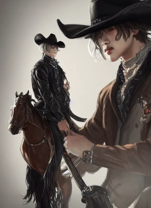 Image similar to a highly detailed illustration of bts v as cowboy wearing black cowboy hat, dramatic wielding gun pose, perfect face, intricate, elegant, highly detailed, centered, digital painting, artstation, concept art, smooth, sharp focus, league of legends concept art, wlop