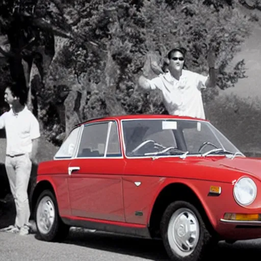 Prompt: elon musk waving from his lancia fulvia, award winning photograph