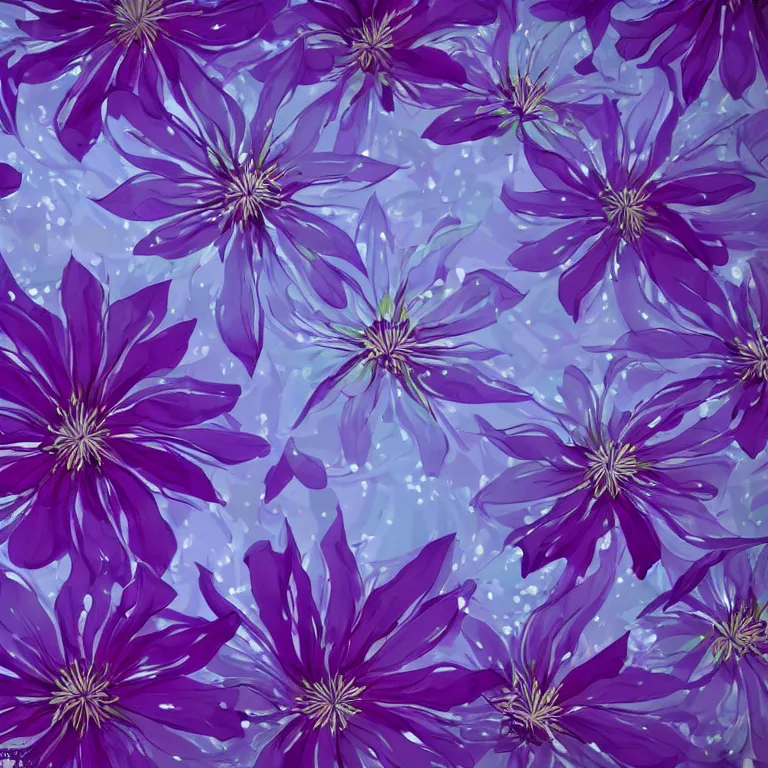 Image similar to clematis theme logo, clematis theme banner, clematis design, clematis in the deep sea, clematis like stars in the sky, trending on artstation, warm light, lovely and cute, fantasy art, 8 k resolution, highly detailed, pattern with optical illusion