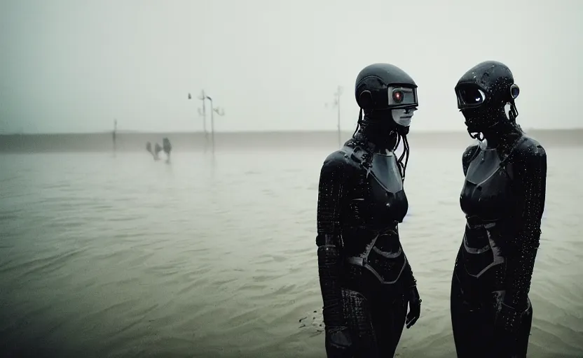 Prompt: cinestill 5 0 d candid photographic portrait by helen levitt of two loving female androids wearing rugged black mesh techwear in treacherous waters at midnight moon reflecting off water, extreme closeup, modern cyberpunk moody emotional cinematic, dust storm, 8 k, hd, high resolution, 3 5 mm, f / 3 2, ultra realistic faces, ex machina