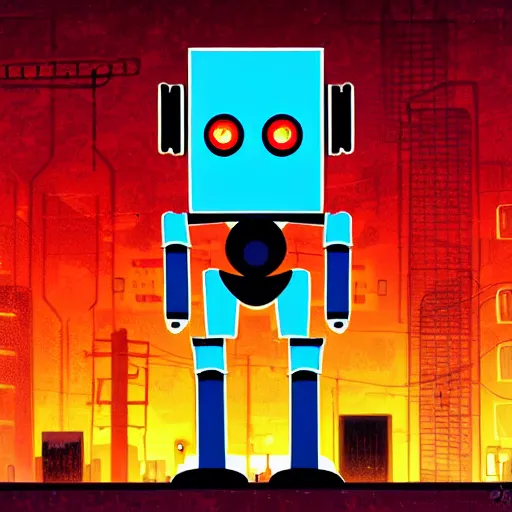 Prompt: a sad robot in a street of a post apocalyptic city, digital art, neon colors