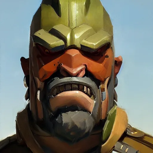 Prompt: greg manchess close - up portrait painting of a handsome older male dieselpunk orc with olive green skin as an overwatch character, medium shot, asymmetrical, profile picture, organic painting, sunny day, matte painting, bold shapes, hard edges, street art, trending on artstation, by huang guangjian and gil elvgren and sachin teng