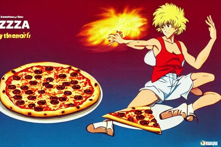 Image similar to pizza, 80s, advertisement, anime, explosion!!