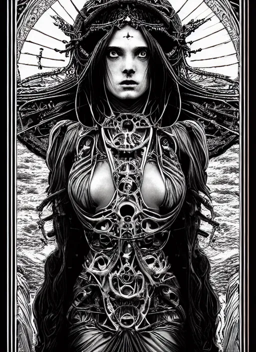 Image similar to beautiful priestess girl tarot card portrait, biomechanical, intricate artwork masterpiece, majestic, doom cinematic lighting, volumetric 8 k, by apollonia saintclair, josan gonzalez, gustave dore, h. r. giger, kilian eng, trending on cgsociety, 8 k