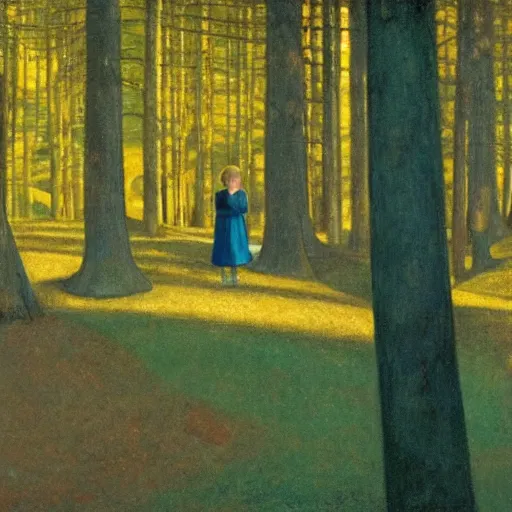 Image similar to a young girl lost in a blue golden forest, film still by edward hopper, by Bosch, by klimt, art noveau, highly detailed, strong lights, liminal, eerie, Bright pastel colors