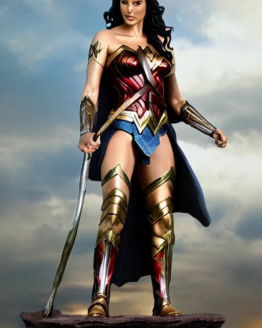 Image similar to a huge bronze statue of gal gadot ’ s wonder woman holding her spear and shield, fantasy landscape, photorealistic, atmospheric