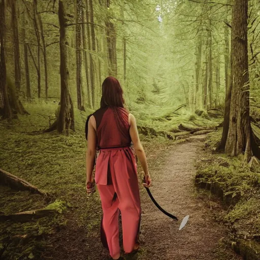 Image similar to Woman cuts timeline with sword in foreground, cinematic shot from back view, camera following a woman on a path through a forest, blackhole, 4K